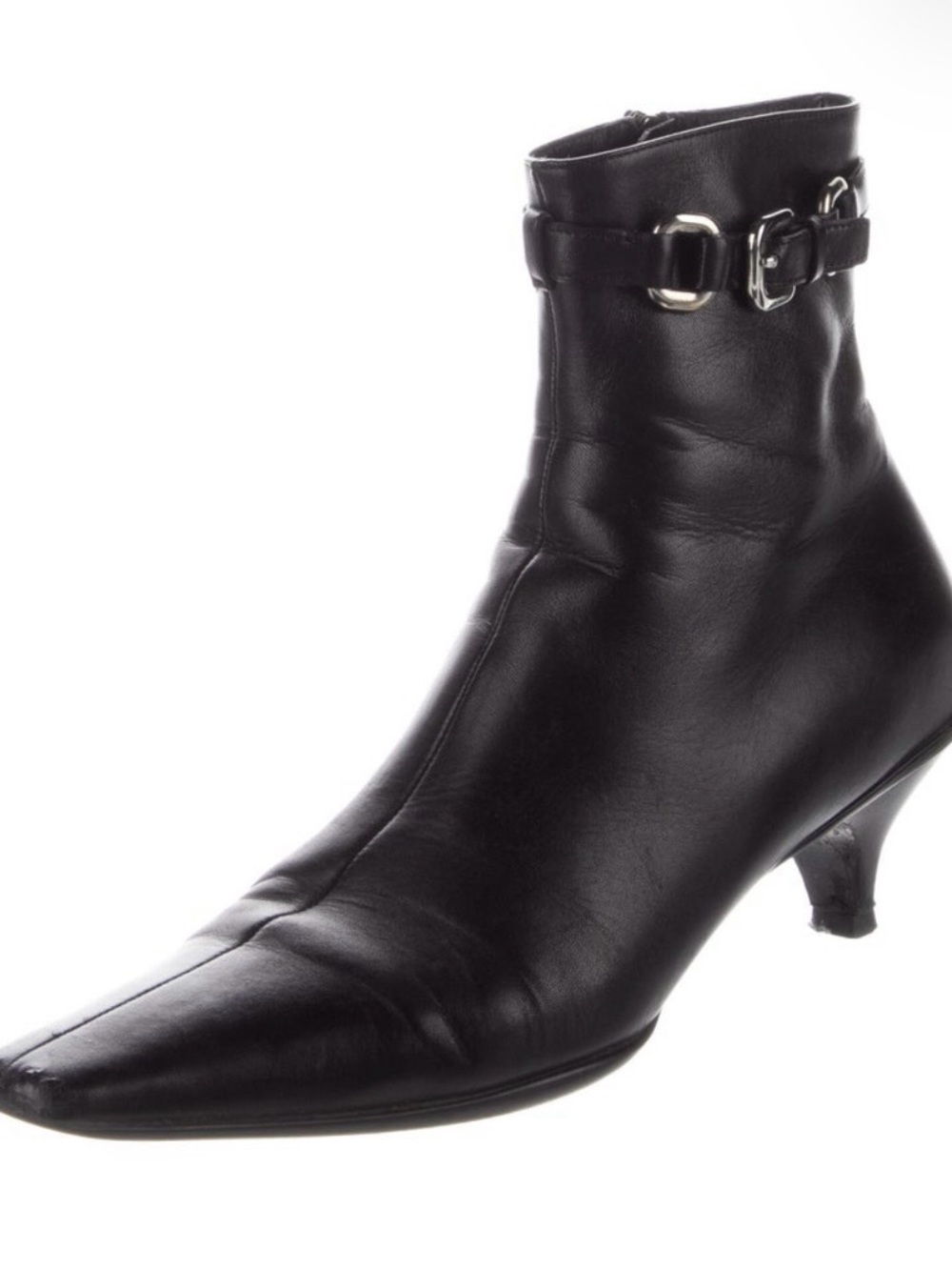 Prada Women's Black Leather Pointed-Toe Ankle Boots with Buckle - Picture 2 of 5
